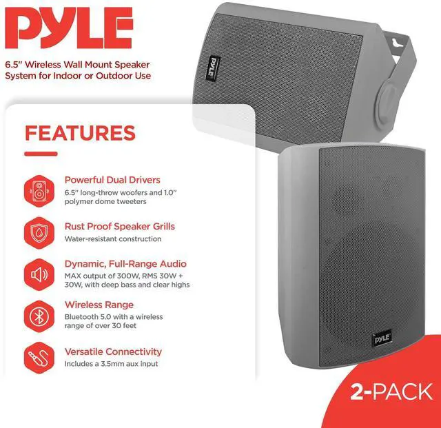 Alt view image 2 of 4 - 6.5 Inch Wall Mount Waterproof Speaker System for Indoor or Outdoor Wireless Bluetooth Surround Sound System, Light Gray (2 Pack)