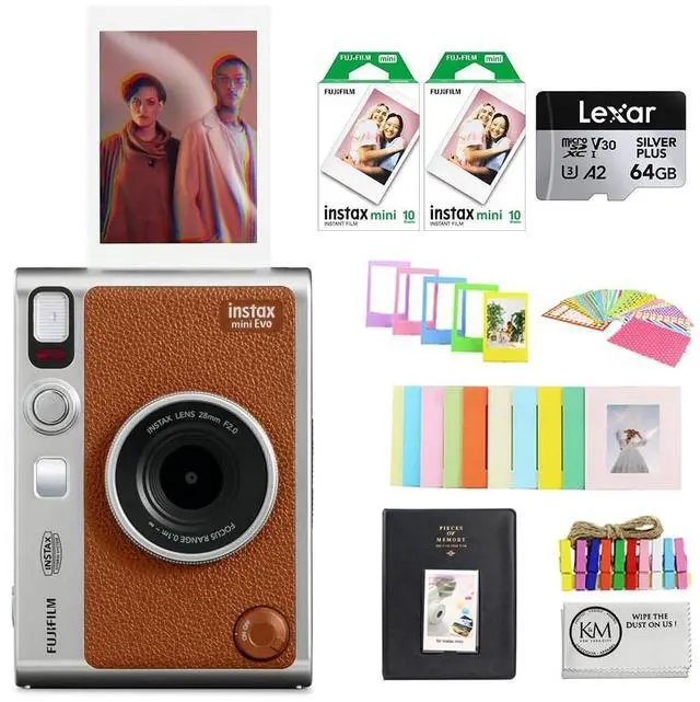 Main image of INSTAX MINI EVO Hybrid Instant Camera | Brown Bundle with Instax Mini Film | 20 Exposures + 64GB Micro SD Card + Mini Album, Borders, Stickers & Clips + Cleaning Cloth (5 Items)