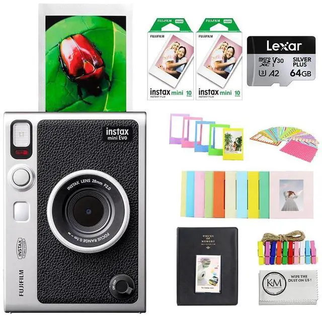 Main image of INSTAX MINI EVO Hybrid Instant Camera | Black Bundle with Instax Mini Film | 20 Exposures + 64GB Micro SD Card + Mini Album, Borders, Stickers & Clips + Cleaning Cloth (5 Items)