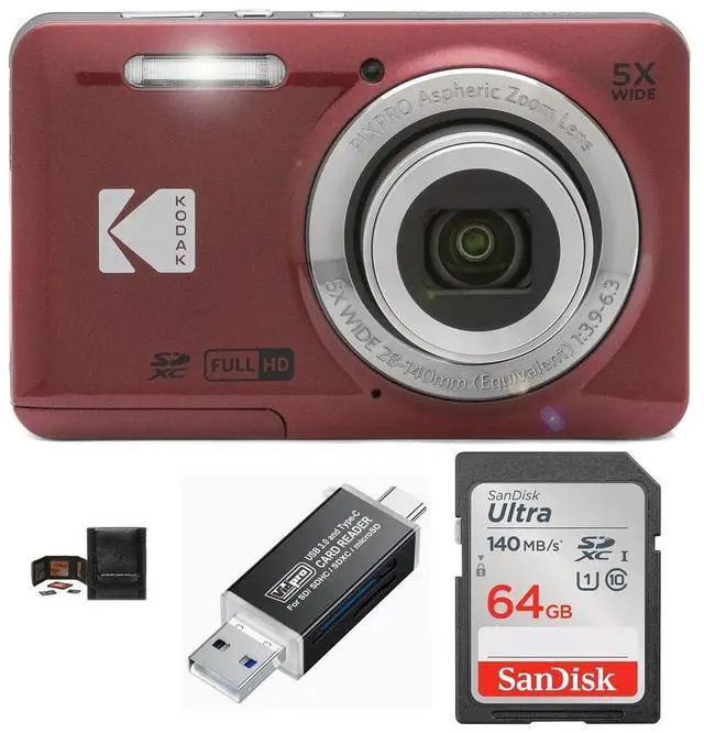 Main image of PIXPRO FZ55 Digital Camera Bundle, Includes: SanDisk 64GB SDXC Memory Card, SD Card Reader Compatible with Computers and Smartphones and Memory Card Wallet (4 Items) (Red)