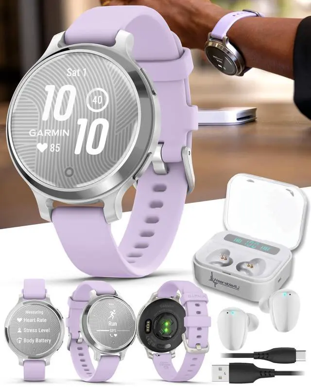 Main image of Garmin Lily 2 Active, Silver with Purple Jasmine Silicone Band, Smartwatch, Built-in GPS, Hidden Display, Patterned Lens, Up to 9 Days Battery Life w White Earbuds Bundle