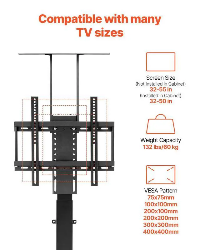 Alt view image 3 of 4 - Motorized TV Lift Stand, 32-55 in, Black, Floor Mount, Television, Flat Screen Display Mount, Tilt, Compatible with VESA 400 x 400 mm, Supports 132 lbs, Ideal for Offices, Living Rooms, Bedrooms