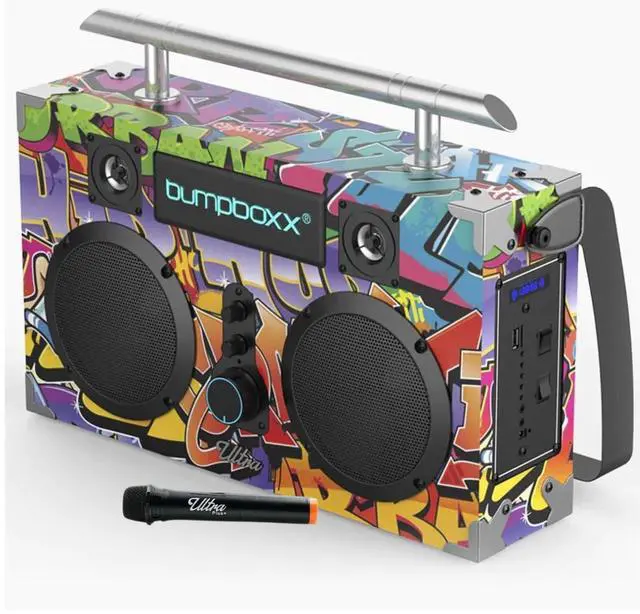 Main image of Ultra Plus Bluetooth Boombox | NYC Graffiti Retro Speaker | Rechargeable lithium battery, carrying strap, included microphone, portable design