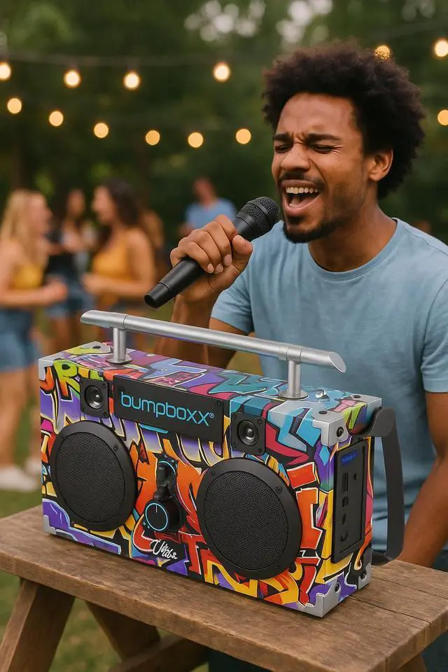 Alt view image 3 of 4 - Ultra Plus Bluetooth Boombox | NYC Graffiti Retro Speaker | Rechargeable lithium battery, carrying strap, included microphone, portable design