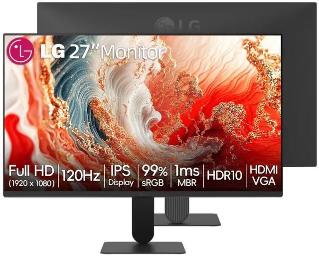 Main image of 27 inch FHD (1920 x 1080) IPS LED Computer Monitor, 120Hz, AMD FreeSync, HDR10, sRGB 99%, Black Stabilizer, Reader Mode, Flicker Safe, HDMI & VGA, Tilt Adjustable Stand, Black