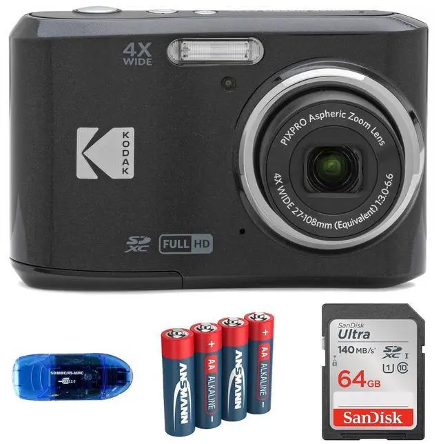 Main image of Pixpro FZ45 Digital Camera Bundle, Includes: SanDisk 64GB SDXC Memory Card, Spare Batteries and Card Reader (4 Items) (Black)