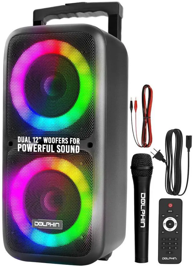 Main image of Dual 12" Bluetooth Party Speaker - Portable Large Speaker with Wired Microphone, Multicolor LED Lights, USB Playback, Hi-Fi Amplifier, Powerful Bass, 5-Band Equalizer, Long-Lasting Battery