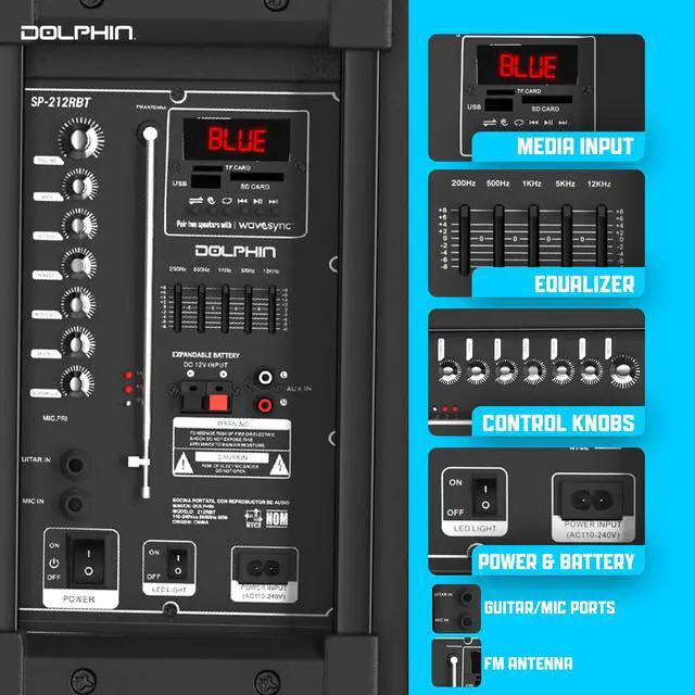 Alt view image 3 of 4 - Dual 12" Bluetooth Party Speaker - Portable Large Speaker with Wired Microphone, Multicolor LED Lights, USB Playback, Hi-Fi Amplifier, Powerful Bass, 5-Band Equalizer, Long-Lasting Battery