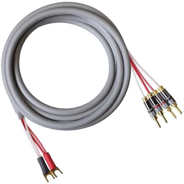 Main image of Canare 4S11 Speaker Cable, with Ultrasonically-Welded Bi-Wire Terminations (One Cable - for one Speaker); Assembled in The USA (50 Foot, Grey, Two Spades to Four Bananas)
