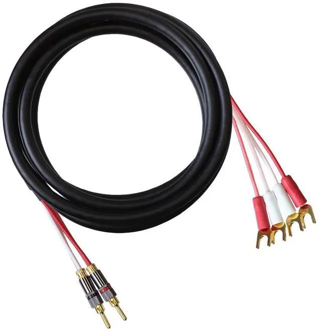 Main image of Canare 4S11 Speaker Cable, with Ultrasonically-Welded Bi-Wire Terminations (One Cable - for one Speaker); Assembled in The USA (50 Foot, Black, Two Bananas to Four Spades)