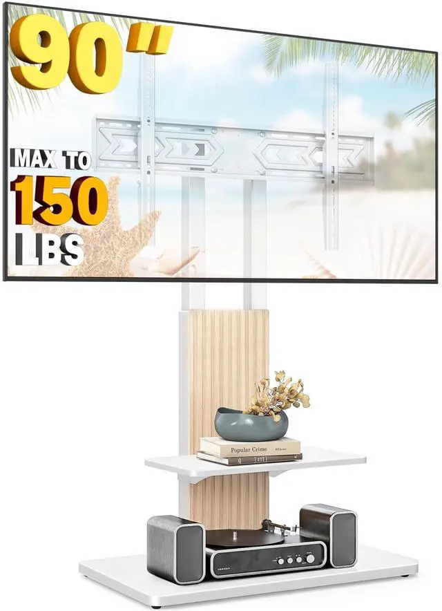 Main image of Heavy Duty Floor TV Stand for 55-90 inch Large TVs up to 150 lbs, Tall TV Stand with Height Adjustable Mount, Universal TV Mount Stand with Large Storage Shelf and Wooden Base, White and Oak