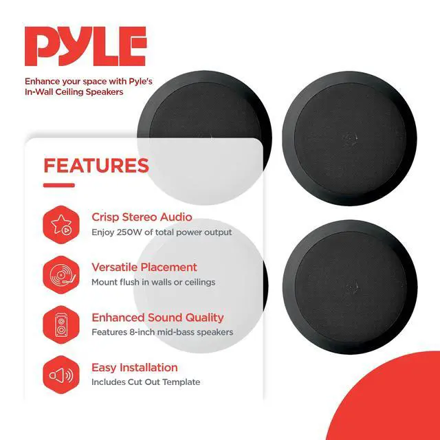 Alt view image 2 of 4 - PDIC81RDBK 8 Inch 250 Watts Flush in-Wall in-Ceiling Black Speakers, with 2 Way Stereo Sounds, Ideal for Custom Installations, Pack of 4