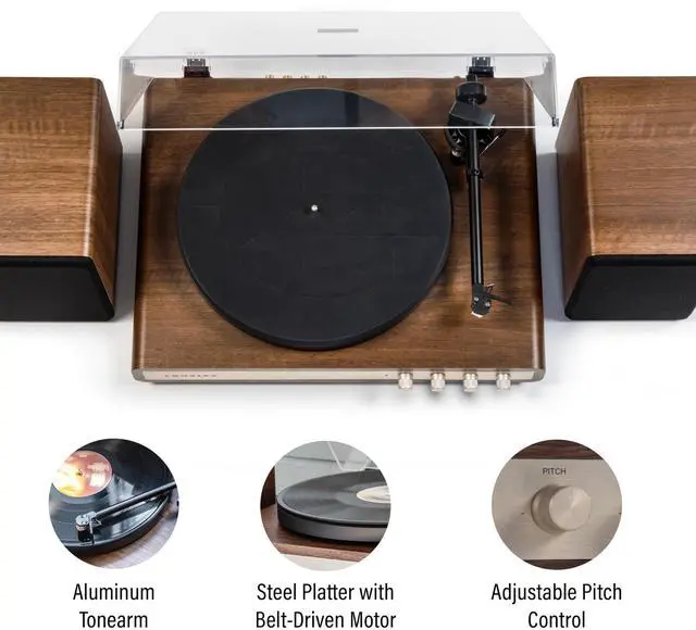 Alt view image 2 of 4 - C65A-WAGL 2-Speed Vinyl Record Player Turntable with 50W Speakers, Moving Magnet Audio-Technica Cartridge, Bluetooth Receiver, Walnut
