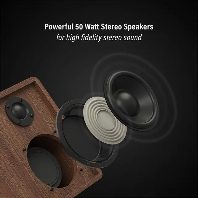 Alt view image 3 of 4 - C65A-WAGL 2-Speed Vinyl Record Player Turntable with 50W Speakers, Moving Magnet Audio-Technica Cartridge, Bluetooth Receiver, Walnut
