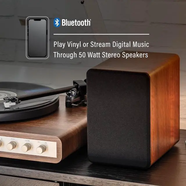 Alt view image 4 of 4 - C65A-WAGL 2-Speed Vinyl Record Player Turntable with 50W Speakers, Moving Magnet Audio-Technica Cartridge, Bluetooth Receiver, Walnut
