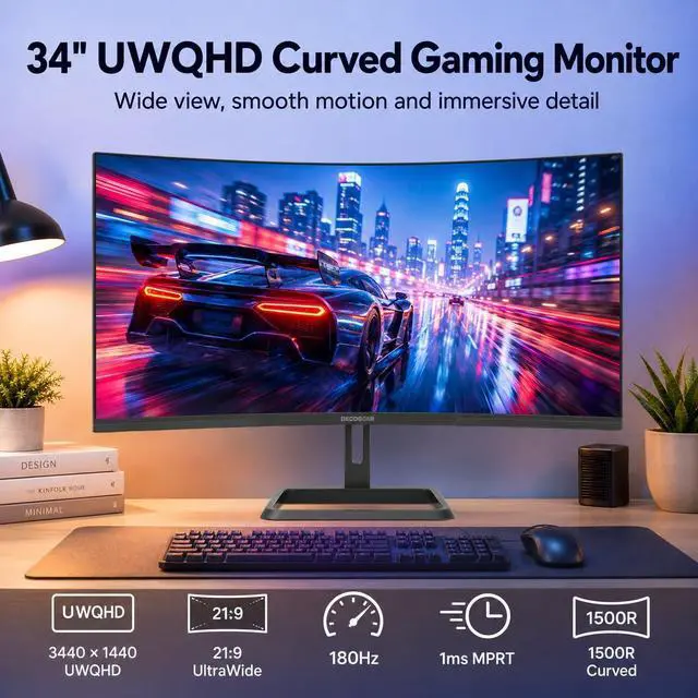 Alt view image 2 of 4 - 34 Inch Curved Gaming Monitor, 180Hz UWQHD 3440x1440 21:9 VA Display, 1ms MPRT, Adaptive Sync, 1500R, HDR Ready, 100% sRGB, Dual HDMI, DisplayPort 1.4, VESA Mount, Office & Workspace Setup
