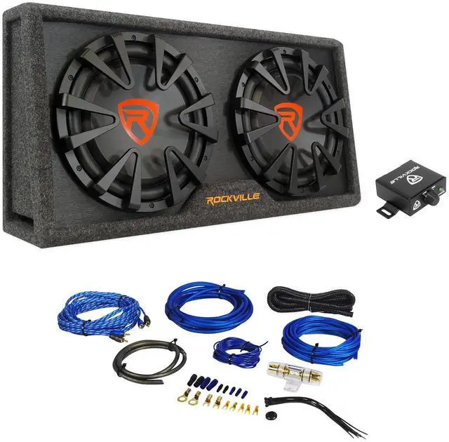 Main image of Car Audio Bundle: RG212CA Dual 12" Slim Vented Powered Subwoofer Enclosure 2000-Watt, Built-in Amplifier with RWK81 8-Gauge Complete Amp Installation Kit 100% Copper RCA, 2-Items