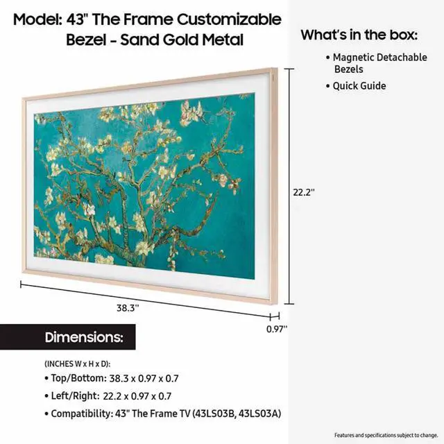 Alt view image 2 of 4 - 43 The Frame TV Customizable Bezel, Magnetic, Quick and Easy Installation, VG-SCFC43SGMZA, 2023, Sand Gold Metal