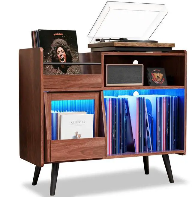 Main image of Large Record Player Stand with Sliding Door,350 Vinyl Record Storage Cabinet, Record Player Table with Power Outlet and LED Light,Turntable Stand with Wood Legs for Living Room,Office
