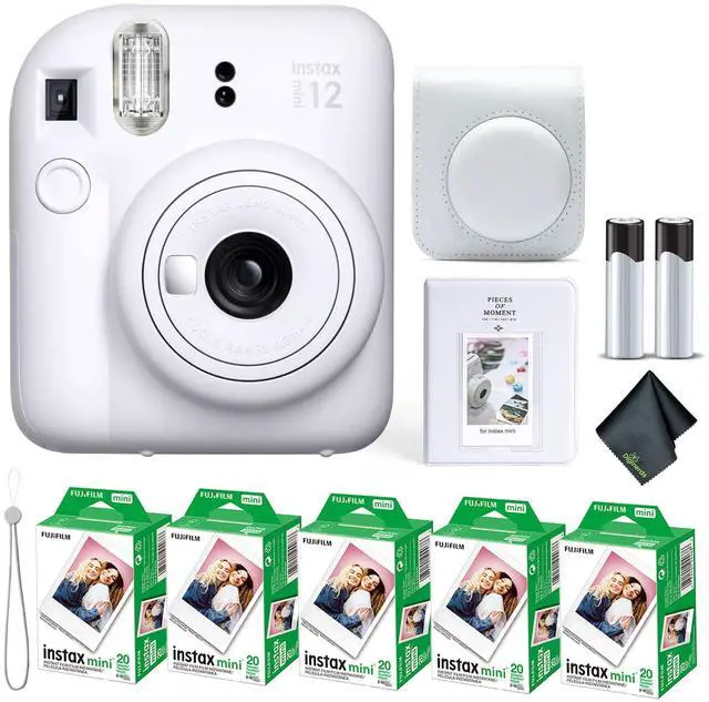 Main image of Instax Mini 12 Instant Camera Clay White Bundle with Fuji Instax Mini Film Value Pack (100 Sheets) + Protective Carrying Case + Photo Album + Microfiber Cleaning Cloth