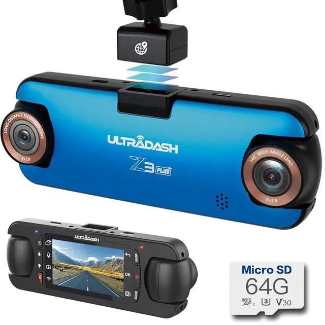Main image of UltraDash Z3+ Standard Edition + 64GB SD Card - Dual Lens Dash Cam High Endurance SD 2K 1440P Telephoto Zoom-in Lens 140° Wide Angle Super Capacitor for Commute