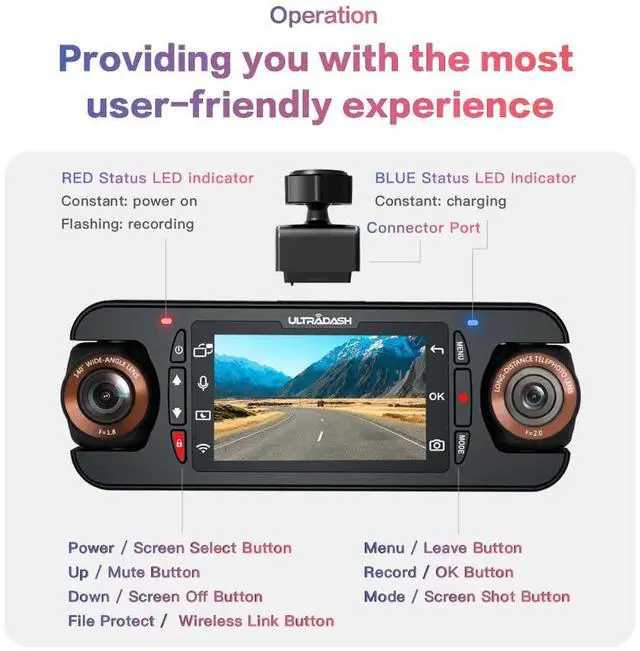 Alt view image 3 of 4 - UltraDash Z3+ Standard Edition + 64GB SD Card - Dual Lens Dash Cam High Endurance SD 2K 1440P Telephoto Zoom-in Lens 140° Wide Angle Super Capacitor for Commute