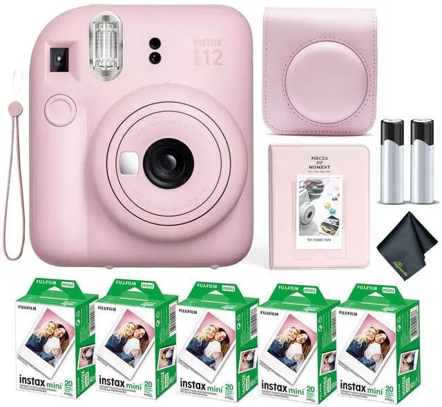 Main image of Instax Mini 12 Instant Camera Blossom Pink Bundle with Fuji Instax Mini Film Value Pack (100 Sheets) + Protective Carrying Case + Photo Album + Microfiber Cleaning Cloth