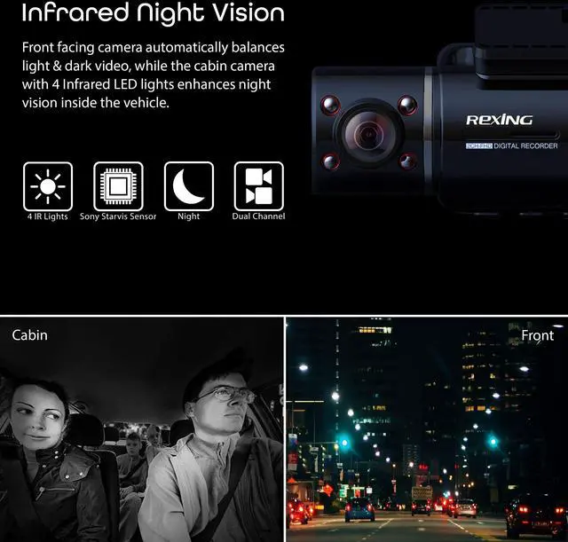 Alt view image 3 of 4 - V3 Dual Camera Front and Inside Cabin Full HD 1080p with WiFi and Built-in GPS