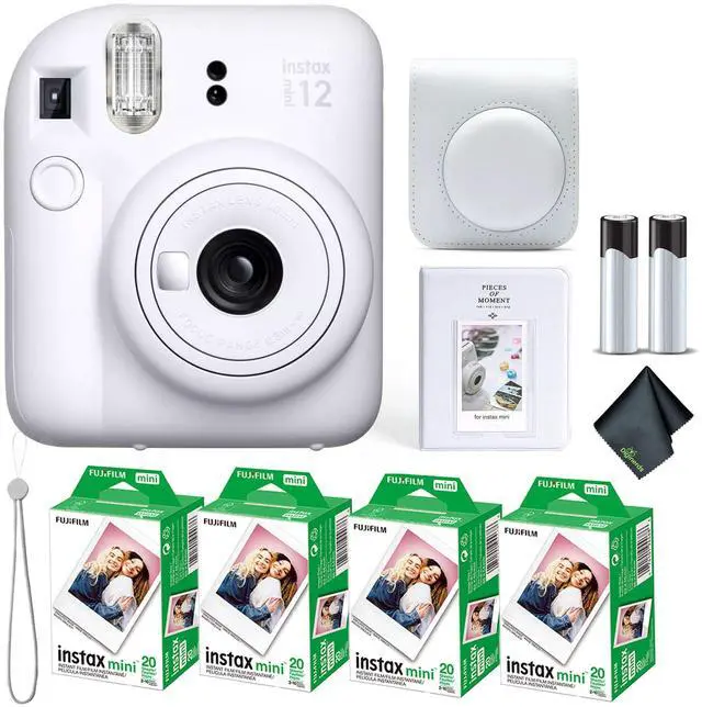 Main image of Instax Mini 12 Instant Camera Clay White Bundle with Fuji Instax Mini Film Value Pack (80 Sheets) + Protective Carrying Case + Photo Album + Microfiber Cleaning Cloth