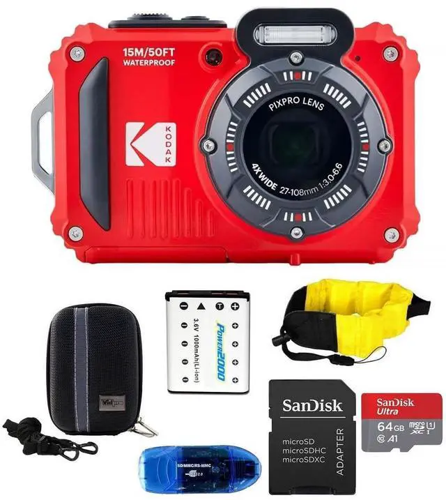 Main image of PIXPRO WPZ2 Waterproof Digital Camera Bundle, Includes: SanDisk 64GB MicroSD Memory Card, Spare Battery and More (6 Items) (Red)