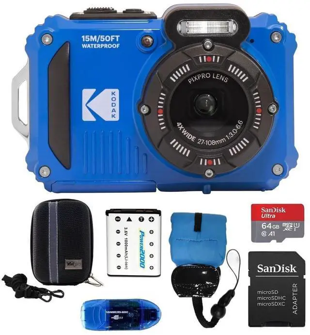 Main image of PIXPRO WPZ2 Waterproof Digital Camera Bundle, Includes: SanDisk 64GB MicroSD Memory Card, Spare Battery and More (6 Items) (Blue)