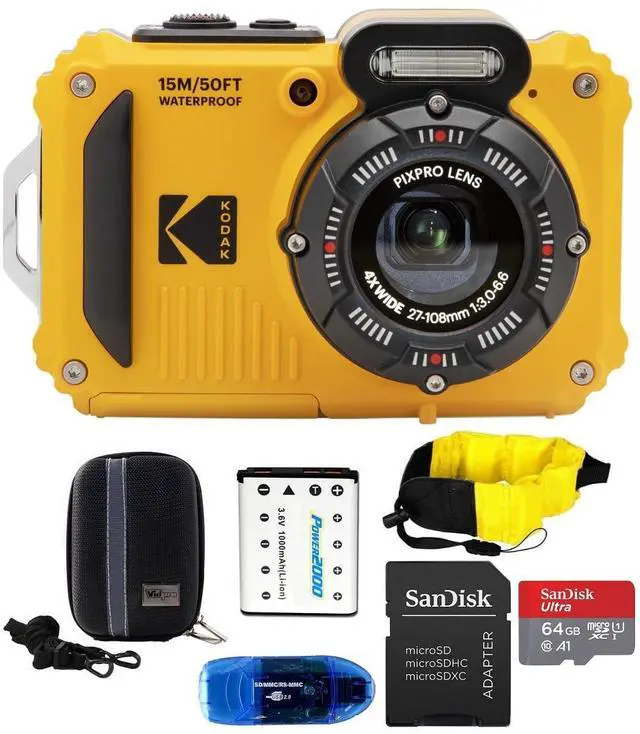 Main image of PIXPRO WPZ2 Waterproof Digital Camera Bundle, Includes: SanDisk 64GB MicroSD Memory Card, Spare Battery and More (6 Items) (Yellow)