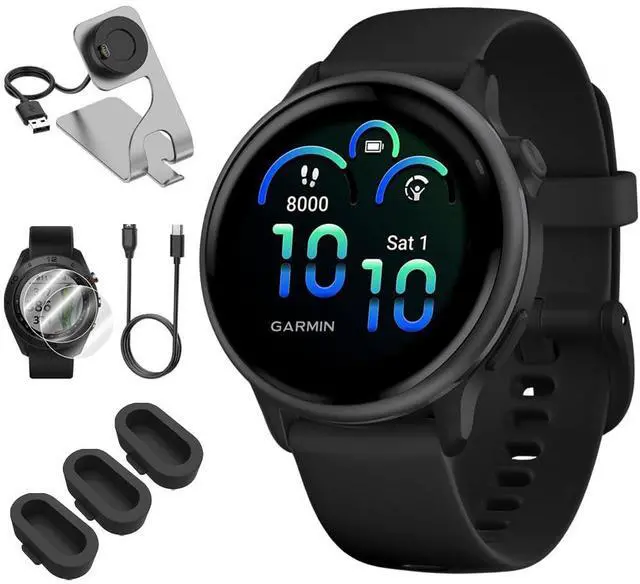 Main image of 010-02985-00 VIVOACTIVE 6 Health & Fitness GPS Smartwatch, Black with Silicone Band Bundle with Deco Essentials Charging Dock, USB Type C Charger, Silicone Dust Covers & 2X Screen Protector