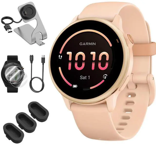 Main image of vivoactive 6, Health and Fitness GPS Smartwatch, AMOLED Display, Up to 11 Days of Battery, Pink Dawn with Silicone Band, 010-02985-03 - Bundle w/Deco Essentials Dock & USB-C Charger