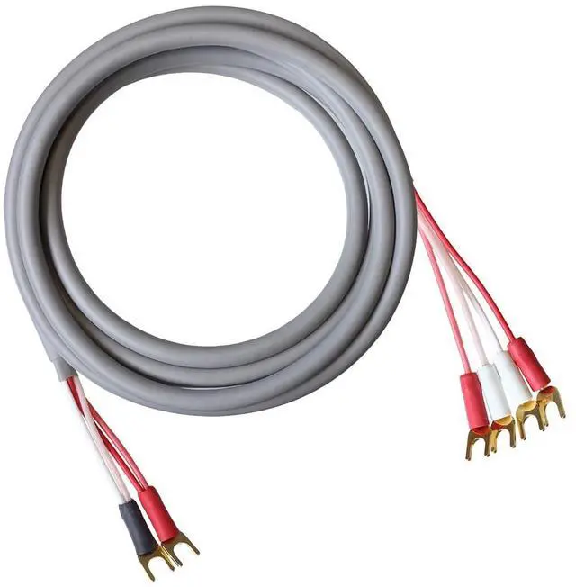Main image of Canare 4S11 Speaker Cable, with Ultrasonically-Welded Bi-Wire Terminations (One Cable - for one Speaker); Assembled in The USA (30 Foot, Grey, Two Spades to Four Spades)