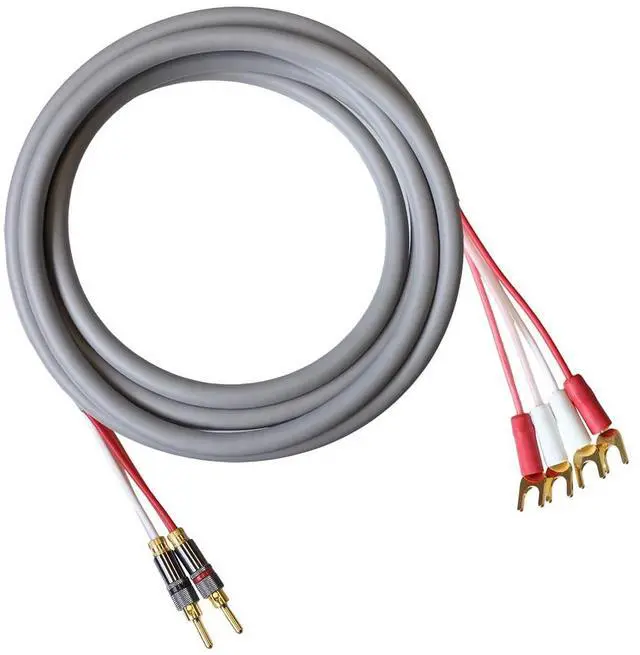 Main image of Canare 4S11 Speaker Cable, with Ultrasonically-Welded Bi-Wire Terminations (One Cable - for one Speaker); Assembled in The USA (30 Foot, Grey, Two Bananas to Four Spades)