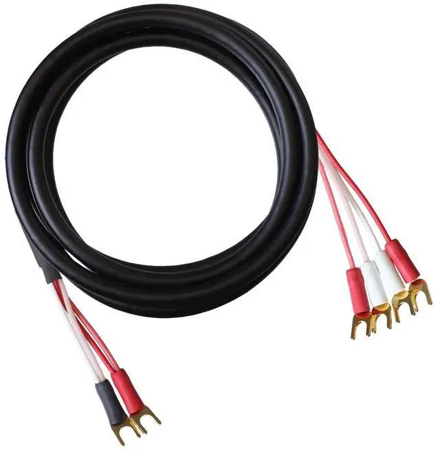 Main image of Canare 4S11 Speaker Cable, with Ultrasonically-Welded Bi-Wire Terminations (One Cable - for one Speaker); Assembled in The USA (30 Foot, Black, Two Spades to Four Spades)