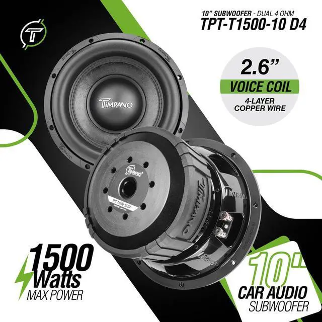 Alt view image 2 of 4 - 10" Sub D4 1500 Watts Max Power Dual 4 Ohm, 10 Inch Car Subwoofer 16 mm Xmax, TPT-T1500-10 D4, 2.6 in Voice Coil, Double Stacked Magnet Sub Woofer for Car Audio Systems (Single)