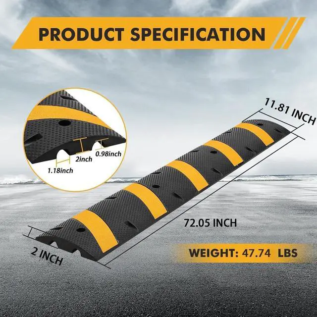 Alt view image 2 of 4 - 6 Ft Rubber Speed Bump 2 Pack, Heavy Duty Speed Bumps for Road 25,000 Lbs Capacity, Seed Hump Traffic Calming Ramp for Driveway w/ 2 Channel Cable Protector for Low Cars Trucks Asphalt Concrete Gravel
