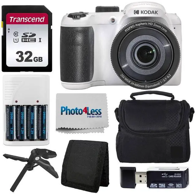 Main image of Kodak PIXPRO AZ255 Digital Camera (White) + Point & Shoot Camera Case + Transcend 32GB SD Memory Card + Rechargeable Batteries & Charger + USB Card Reader + Table Tripod + Accessories