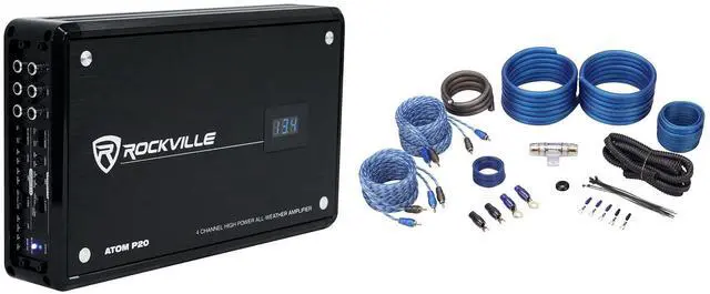 Main image of Atom P20 Bundle: Marine ATV Car Bluetooth Amplifier 1600 Watt Peak / 440 Watt RMS 4 Channel with Volt Meter, RWK42 4 Gauge Amp Wiring Kit, 2-Items
