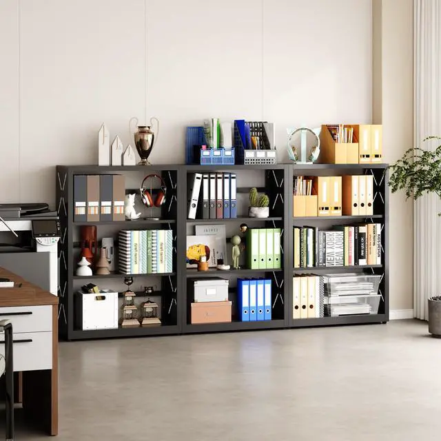Alt view image 2 of 6 - Book Shelf, 3 Tier Metal Bookshelf with Adjustable Shelves, Open Shelf Bookcase for Home Office & Living Room, CD Storage Racks, Black 23" Wide