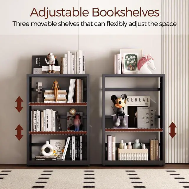 Alt view image 5 of 6 - Book Shelf, 3 Tier Metal Bookshelf with Adjustable Shelves, Open Shelf Bookcase for Home Office & Living Room, CD Storage Racks, Black 23" Wide