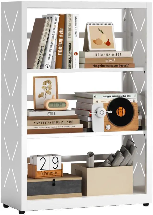 Main image of Book Shelf, 3 Tier Metal Bookshelf with Adjustable Shelves, Open Shelf Bookcase for Home Office & Living Room, CD Storage Racks, White 23" Wide