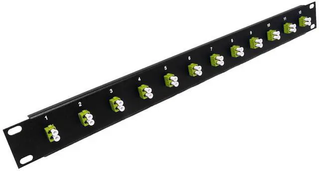 Main image of 1U 12 Port High Density Patch Panel, Loaded with LC Duplex Multimode OM5 Lime Green Colored Adapters