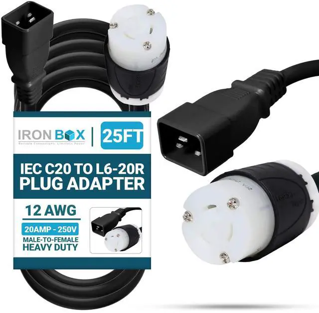 Main image of IronBox Electric - Heavy Duty IEC C20 to L6-20R Plug Adapter Power Cord - 12 AWG Jacket - Rated for 20 Amps and 250V - UL Listed Extension Cable - Ideal for Server Racks and Data Centers (25 feet)