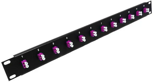 Main image of 1U 12 Port High Density Patch Panel, Loaded with LC Duplex Multimode OM4 Magenta Colored Adapters