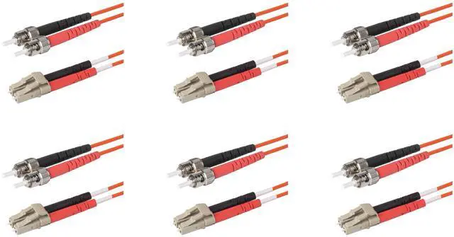 Main image of 6-Pack 1 Foot ST to LC Fiber Optic Patch Cable, Red and Black Boots, Corning InfiniCor Multimode OM1 62.5/125um Optical Fiber, Duplex Orange Riser OFNR Cable Jacket