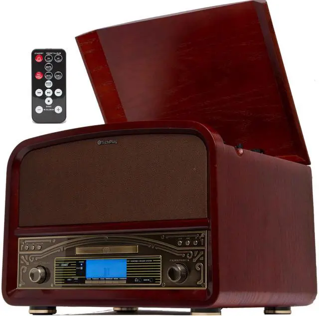 Main image of TechPlay TCP9560BT CH, Bluetooth 20W Retro Wooden 3 Speed Turntable with CD Player, AM/FM Radio, USB Recording & Playback with Remote Control Cherry Wood Color