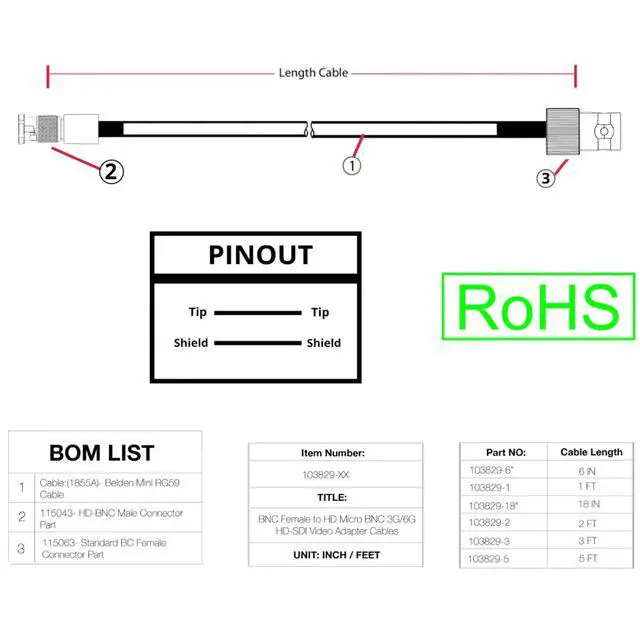 Alt view image 5 of 6 - 35 Foot Standard BNC Female to HD Micro BNC 6G HD-SDI Mini RG59 75Ohm Adapter Cable Black